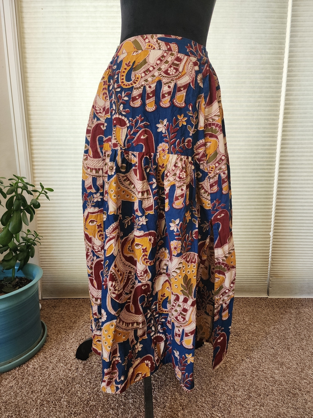 Bohemian Elephant Print Maxi Skirt in Blue and Mustard